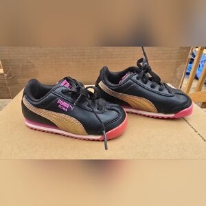 PUMA Kids Black & Gold Roma Sneakers with Pink Accents